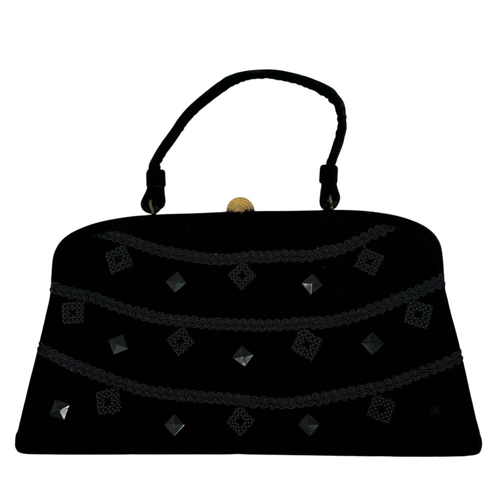 Vintage 50s Soure Bag New York Black Beaded Velvet Frame Handbag Gold Clasp